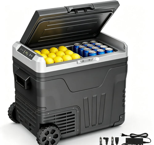Clearance Sale 35L Portable Wheeled Car Refrigerator, 12V/24V DC 110-240V AC Dual Power Adjustable Temp Cooler For RV, Truck, Camping, Road Trips