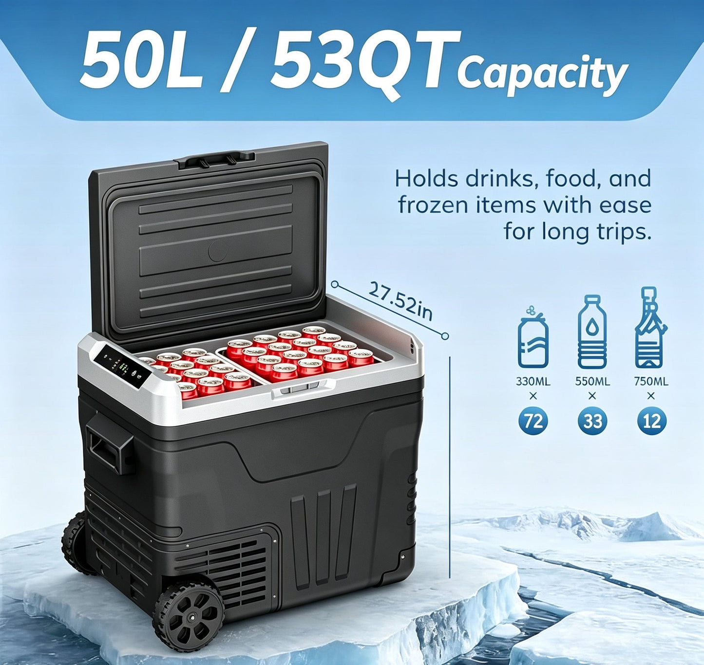 Clearance Sale 35L Portable Wheeled Car Refrigerator, 12V/24V DC 110-240V AC Dual Power Adjustable Temp Cooler For RV, Truck, Camping, Road Trips