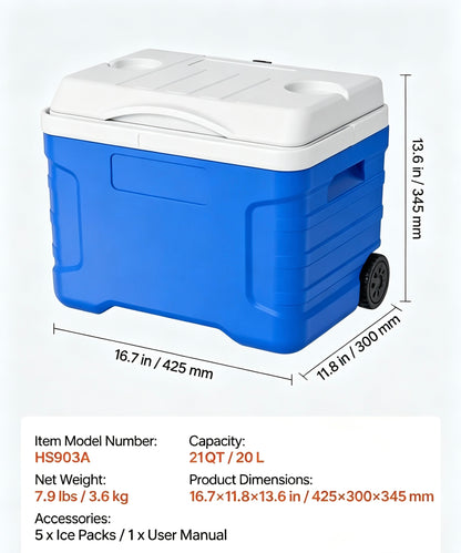 Clearance 21QT Wheeled Insulated Cooler Box, 3-Layer Thick Insulation Leakproof Ice Chest, Portable Rolling Ice Box for Camping, Road Trips, Picnic & Hiking