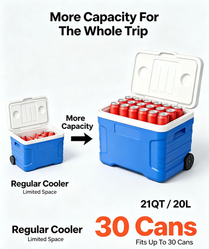 Clearance 21QT Wheeled Insulated Cooler Box, 3-Layer Thick Insulation Leakproof Ice Chest, Portable Rolling Ice Box for Camping, Road Trips, Picnic & Hiking
