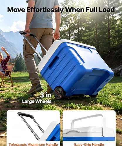 Clearance 21QT Wheeled Insulated Cooler Box, 3-Layer Thick Insulation Leakproof Ice Chest, Portable Rolling Ice Box for Camping, Road Trips, Picnic & Hiking