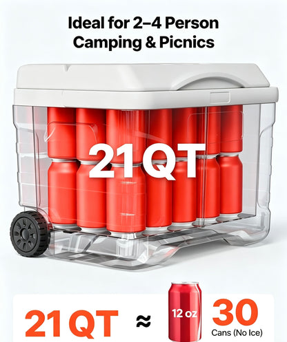 Clearance 21QT Wheeled Insulated Cooler Box, 3-Layer Thick Insulation Leakproof Ice Chest, Portable Rolling Ice Box for Camping, Road Trips, Picnic & Hiking
